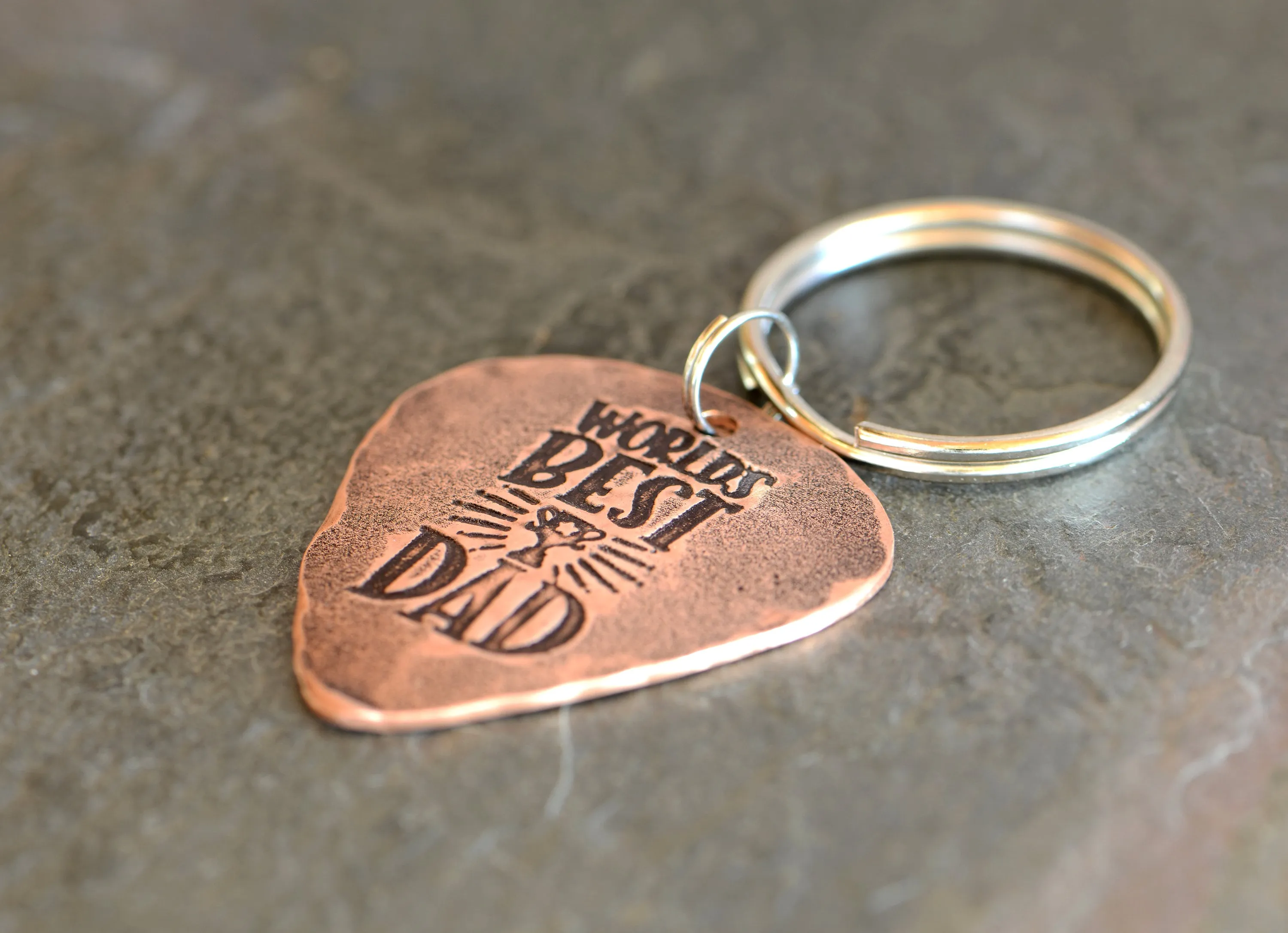 Copper guitar pick key chain for the worlds best dad