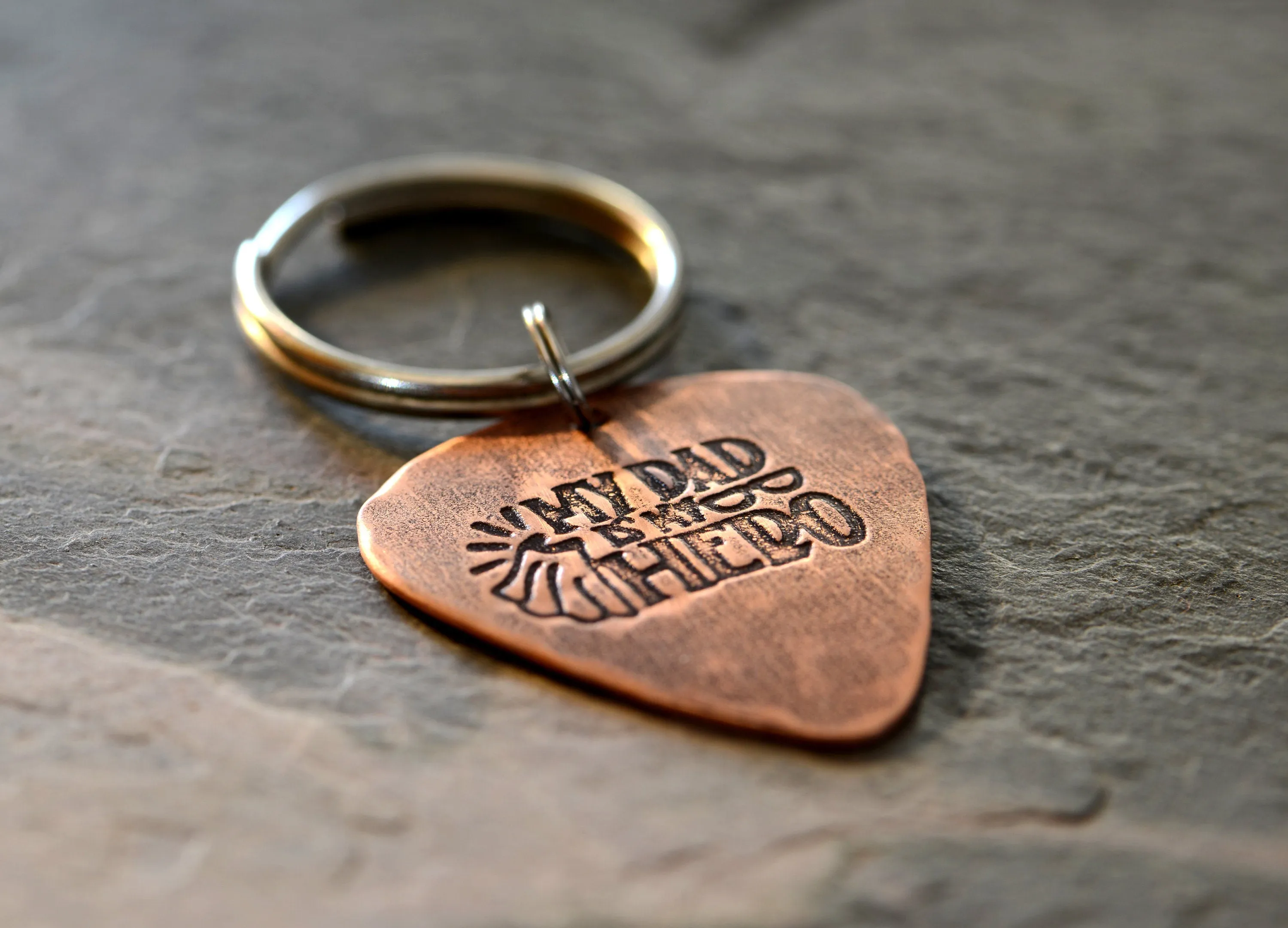 Copper guitar pick key ring with my dad is my hero
