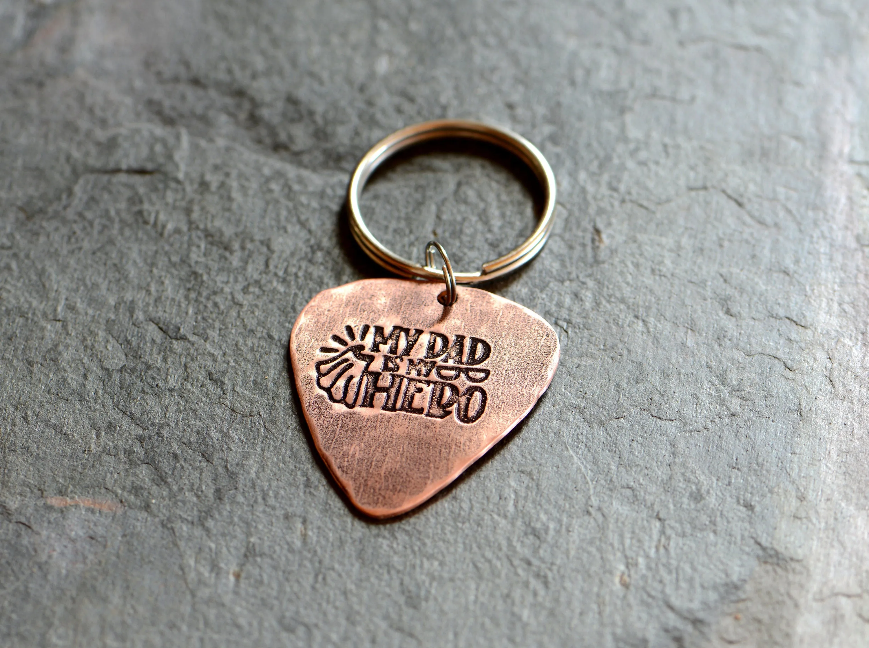 Copper guitar pick key ring with my dad is my hero