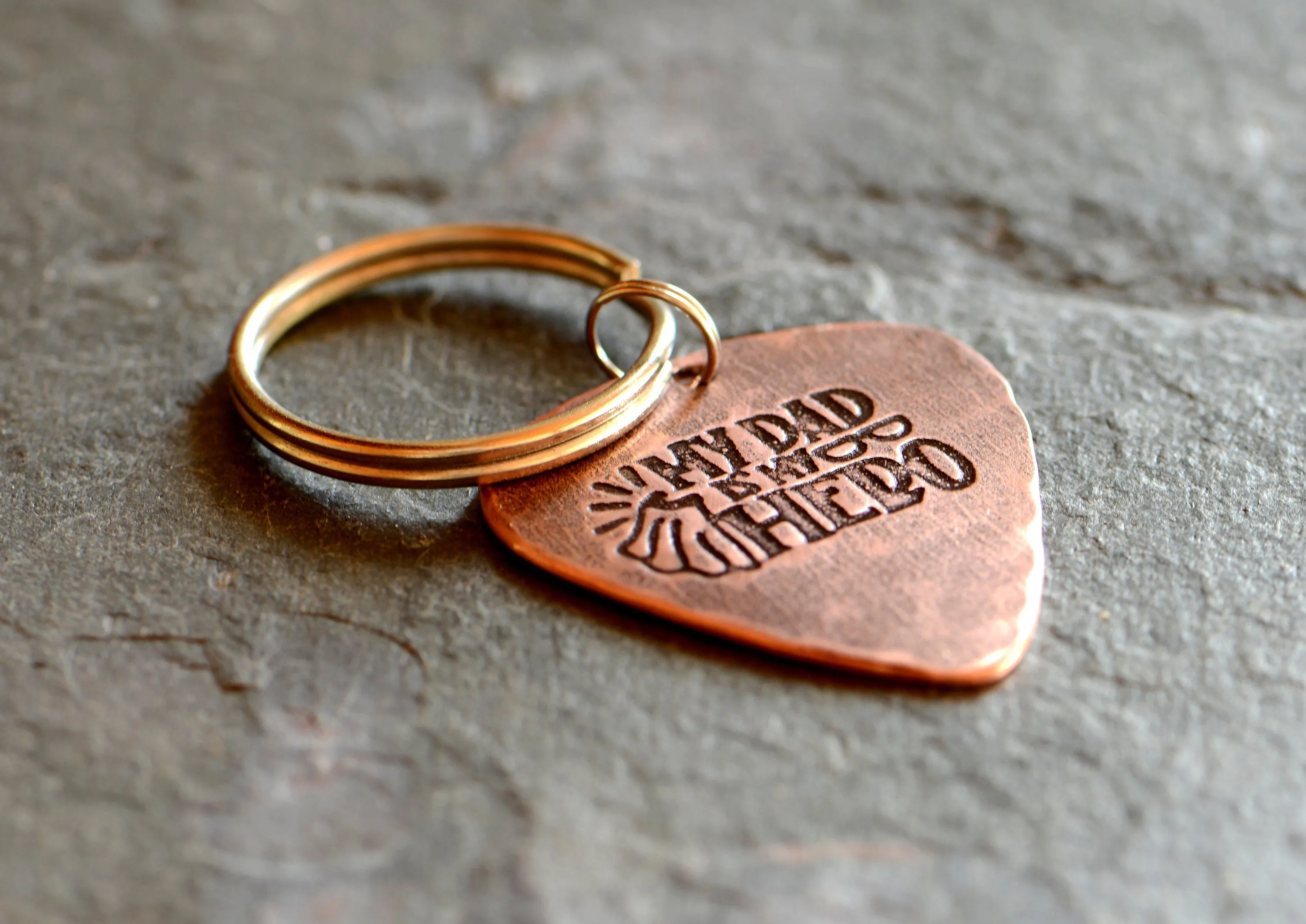 Copper guitar pick key ring with my dad is my hero