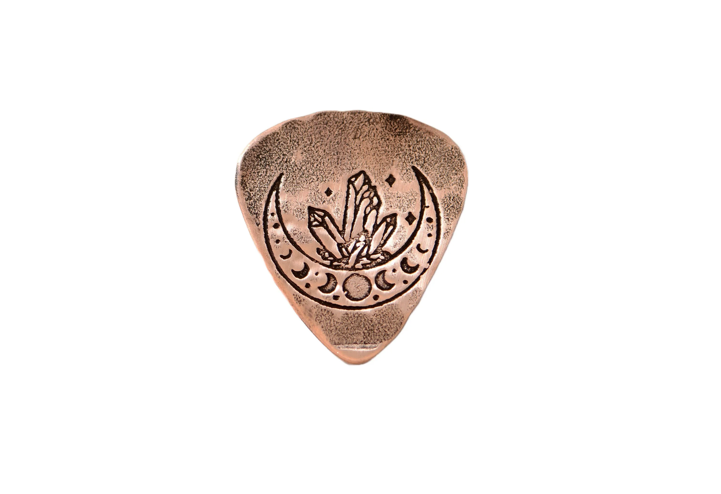 Copper guitar pick with crystal moon