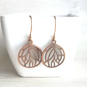 Copper Leaf Earrings - round floral filigree cut out design - light antique finish - simple boho Bohemian unique rustic red brown aged