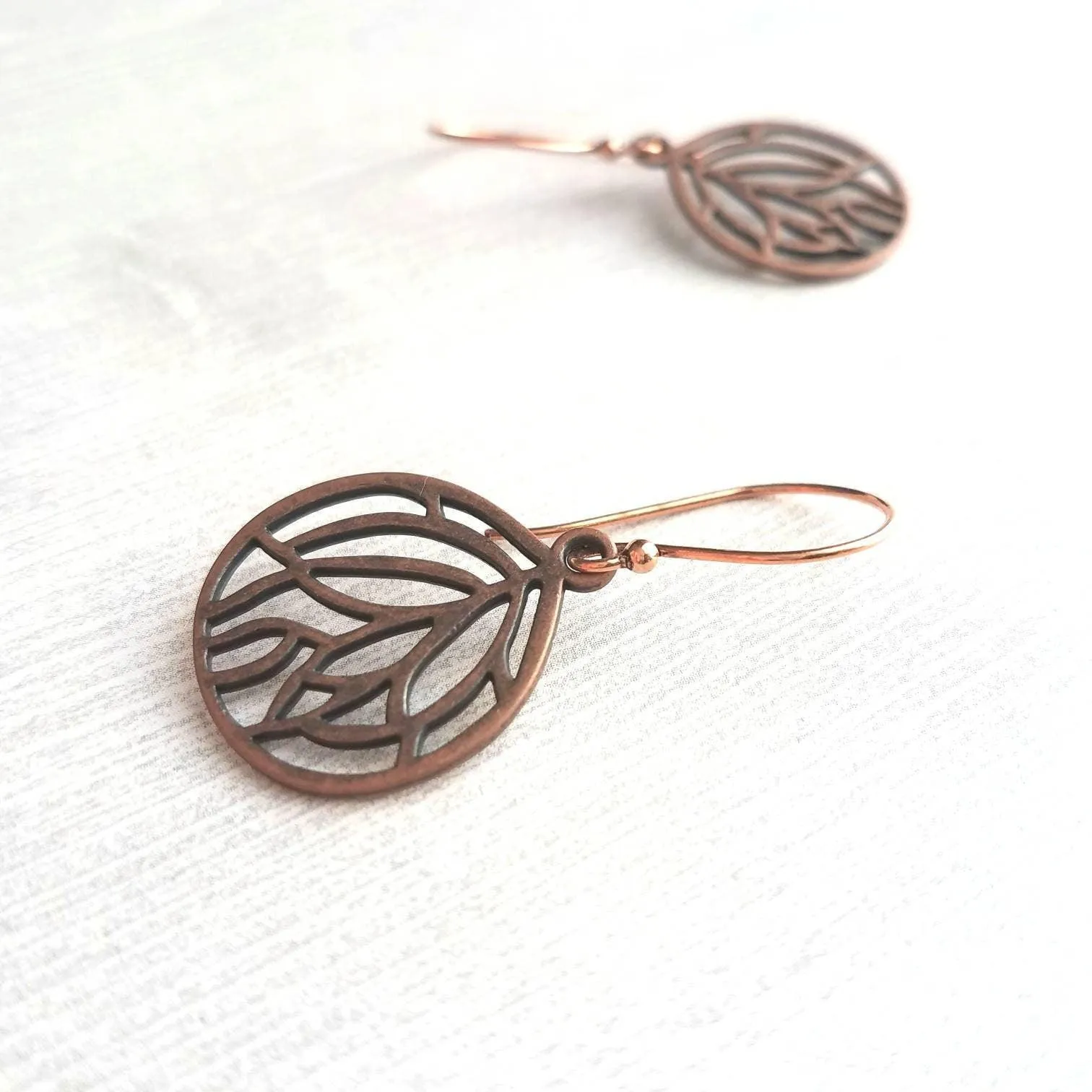 Copper Leaf Earrings - round floral filigree cut out design - light antique finish - simple boho Bohemian unique rustic red brown aged
