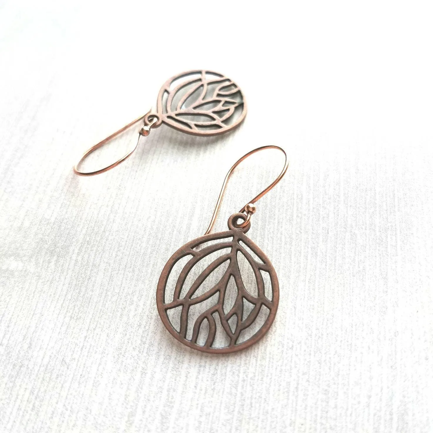 Copper Leaf Earrings - round floral filigree cut out design - light antique finish - simple boho Bohemian unique rustic red brown aged
