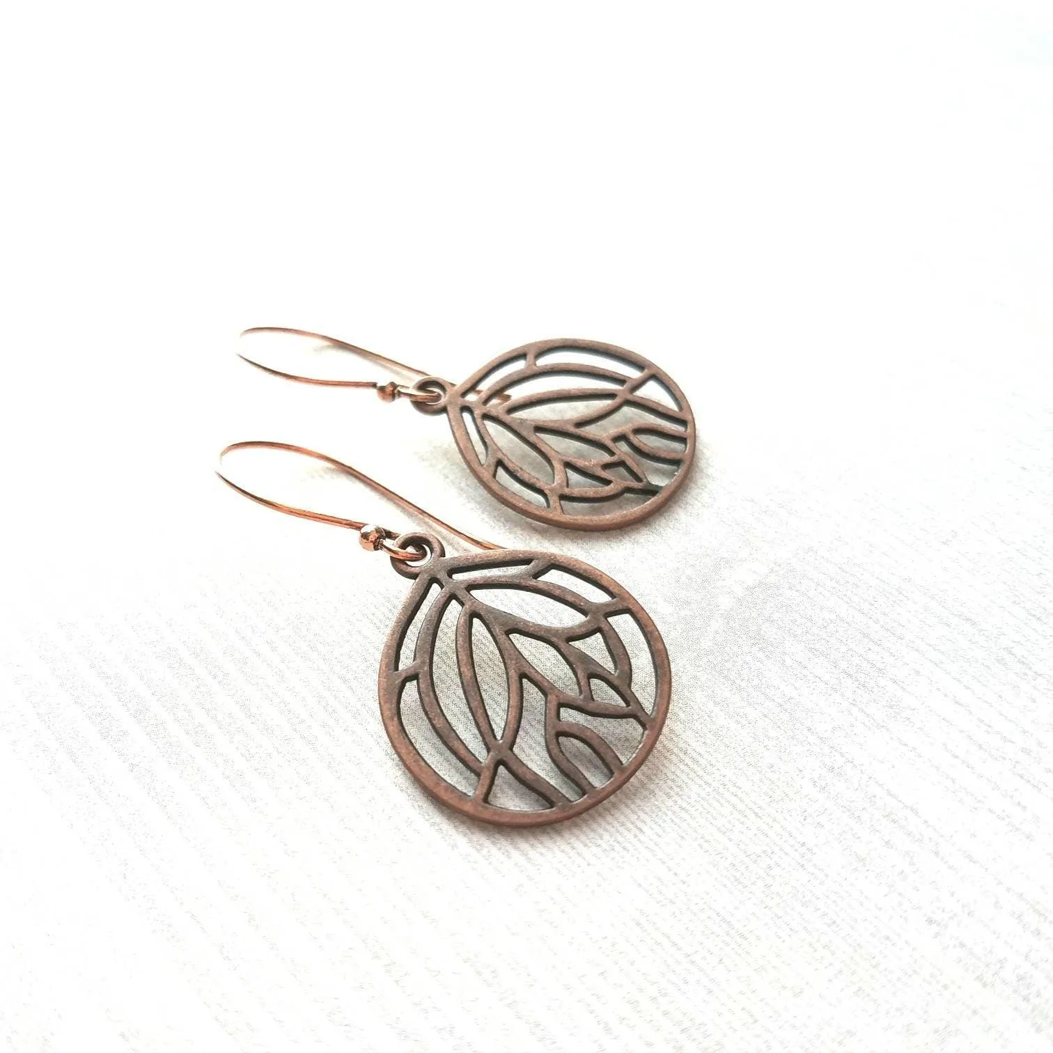 Copper Leaf Earrings - round floral filigree cut out design - light antique finish - simple boho Bohemian unique rustic red brown aged