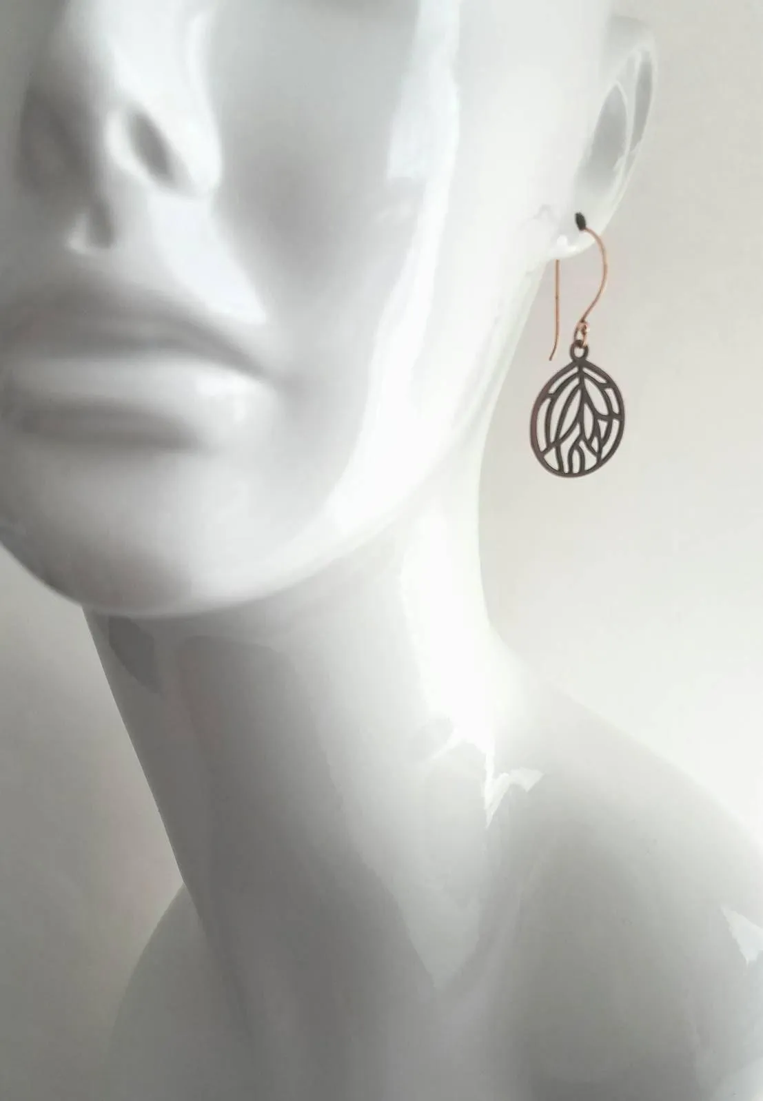 Copper Leaf Earrings - round floral filigree cut out design - light antique finish - simple boho Bohemian unique rustic red brown aged