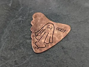 Copper shark tooth guitar pick with ghost and Boo