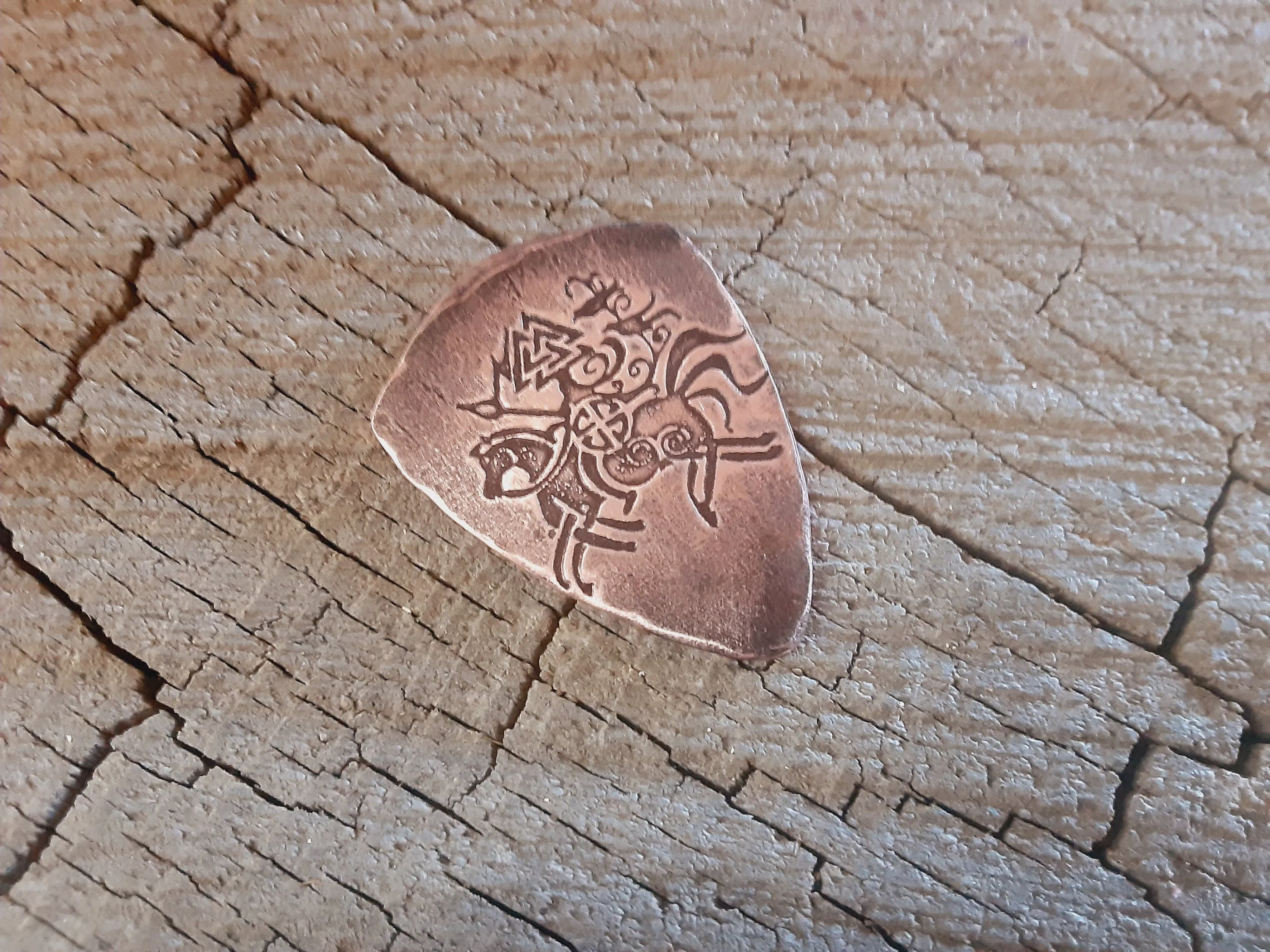 Copper shield style guitar pick with 8 legged horse Sleipnir