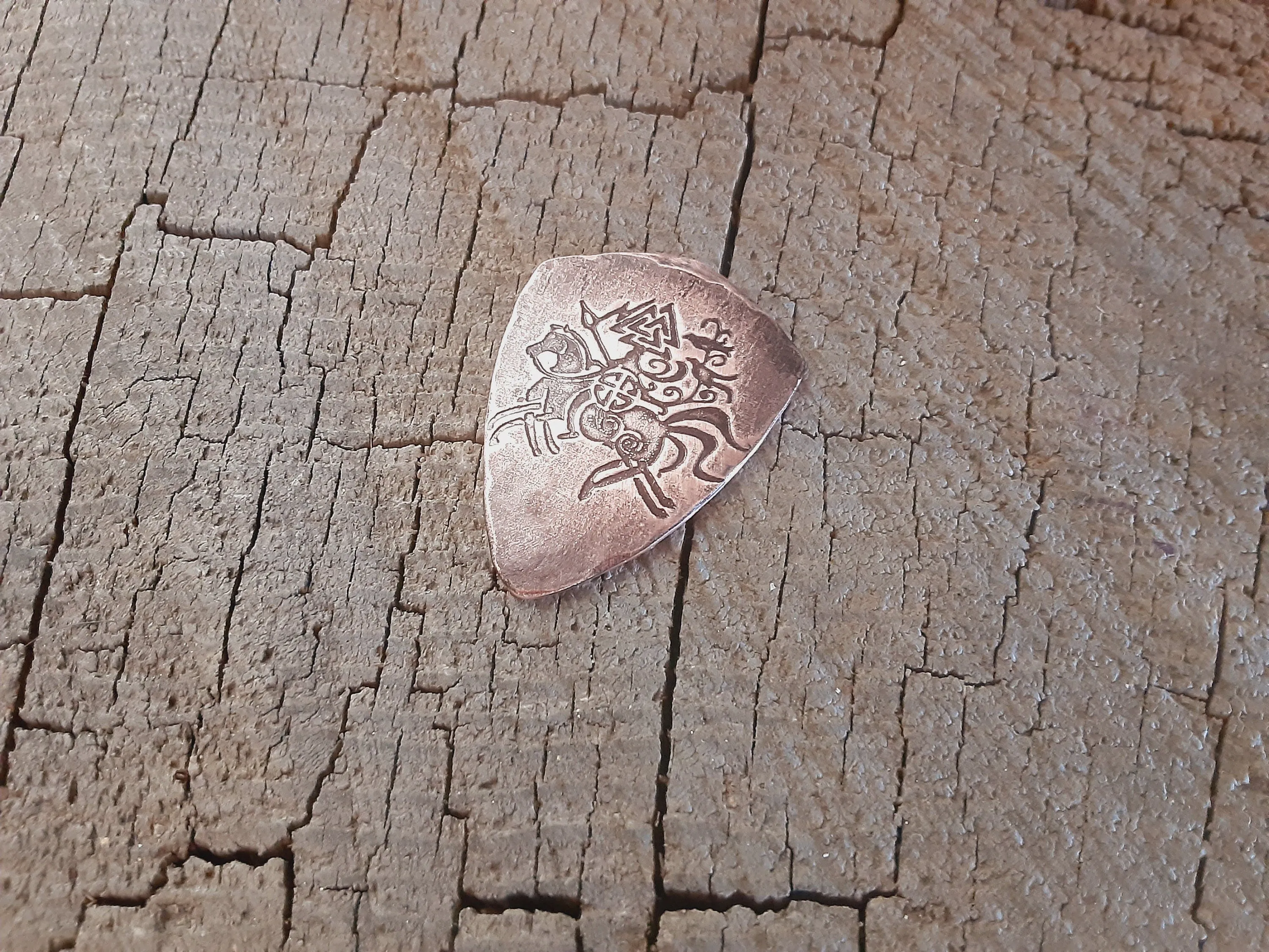 Copper shield style guitar pick with 8 legged horse Sleipnir