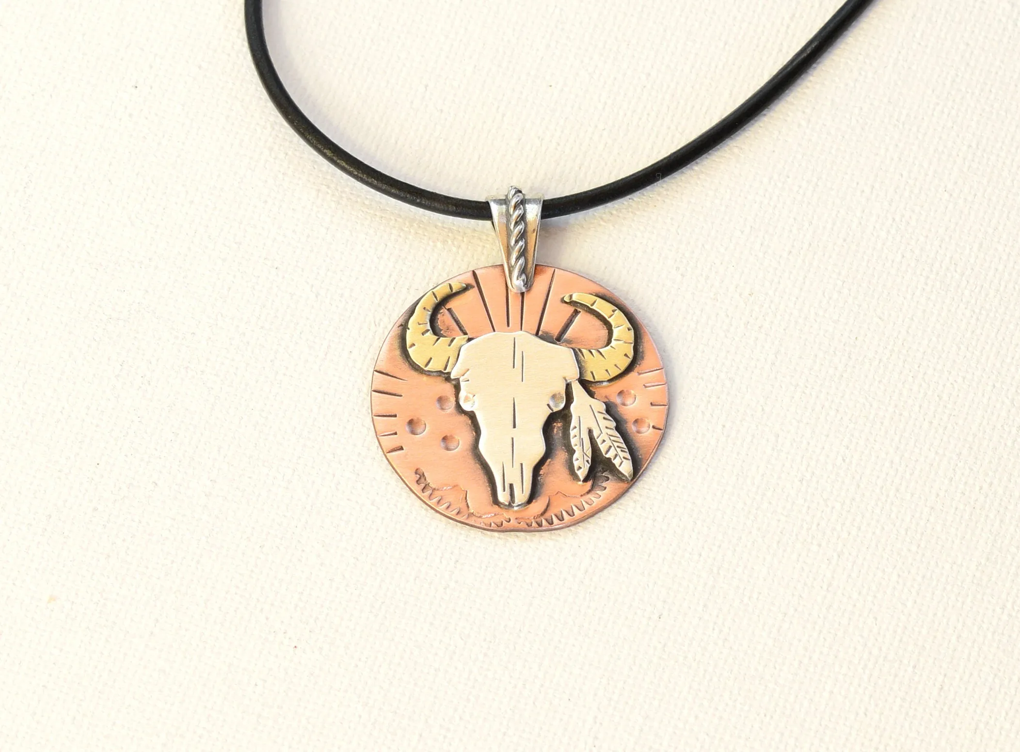 Cowboy or Cowgirl themed with Feathers and Bullhead Necklace in Copper Sterling Silver and Brass