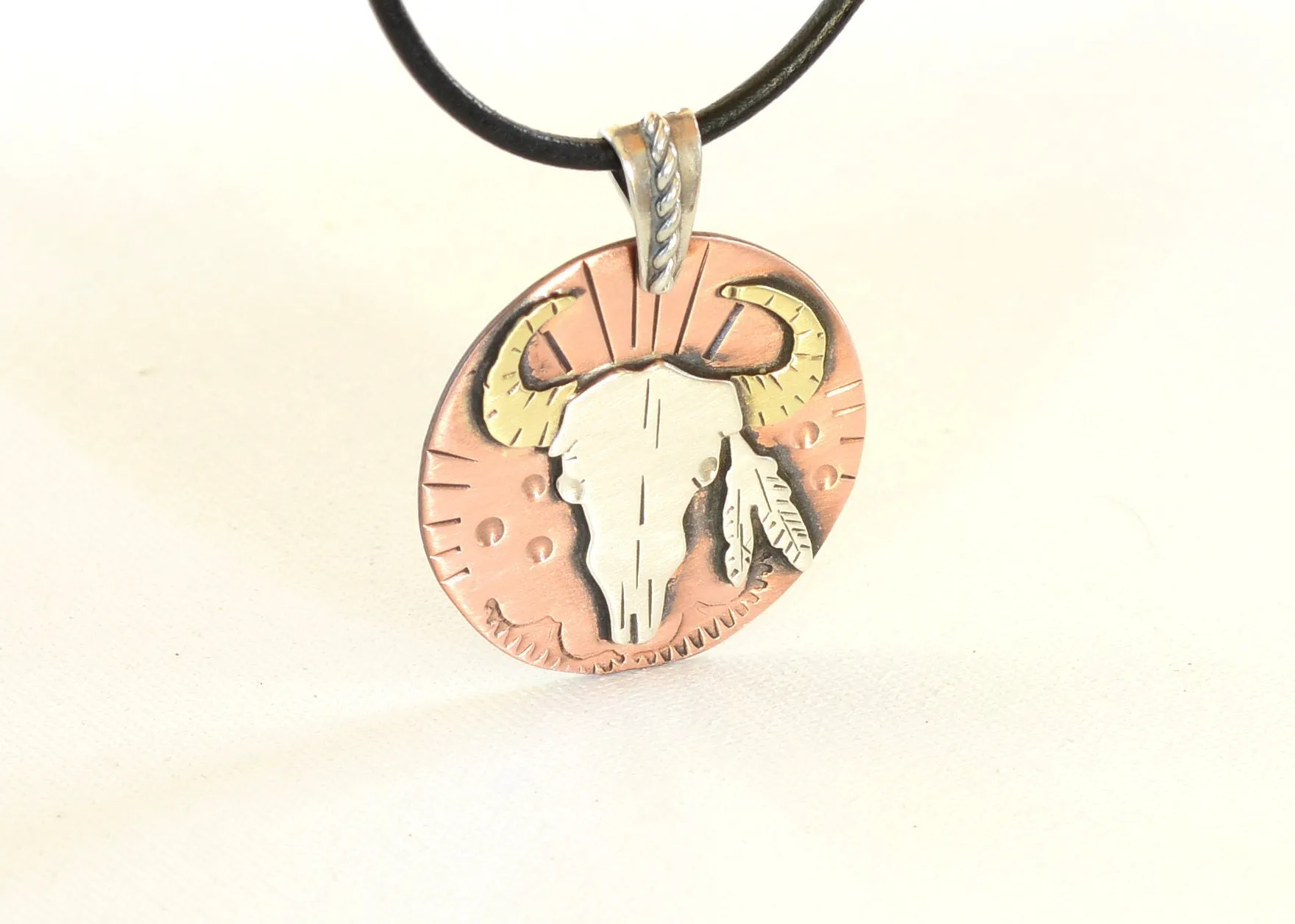 Cowboy or Cowgirl themed with Feathers and Bullhead Necklace in Copper Sterling Silver and Brass