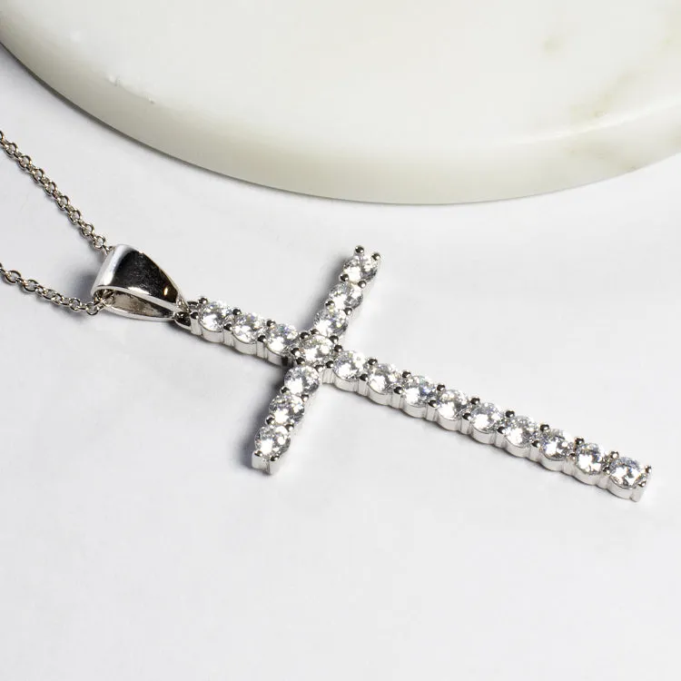 Cross CZ Pendant Necklace - Silver