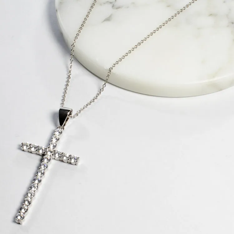Cross CZ Pendant Necklace - Silver