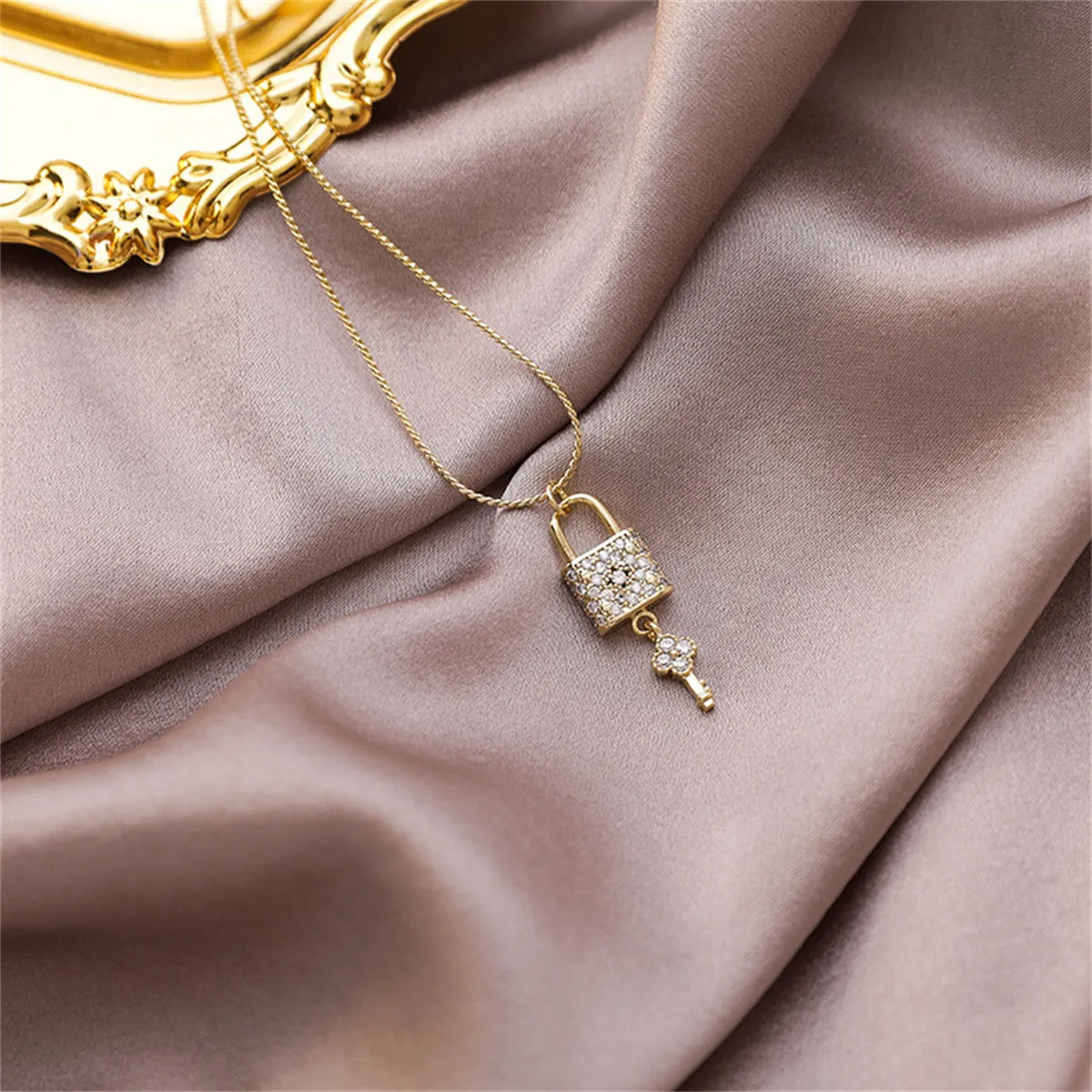Cubic Zirconia & 18K Gold-Plated Lock & Key Pendant Necklace