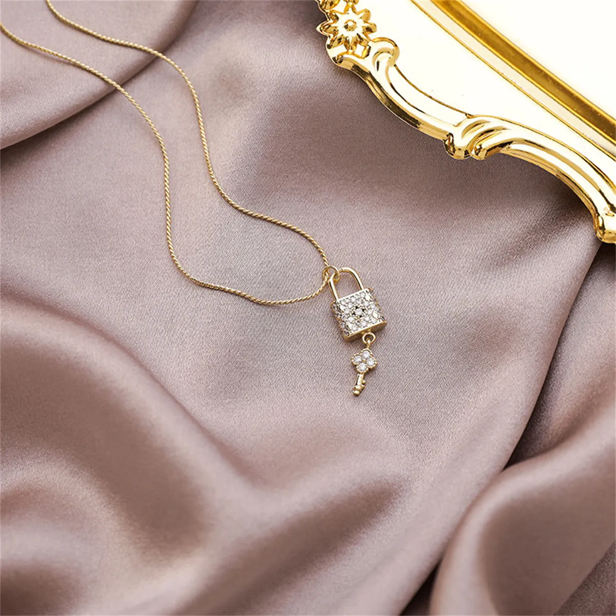 Cubic Zirconia & 18K Gold-Plated Lock & Key Pendant Necklace