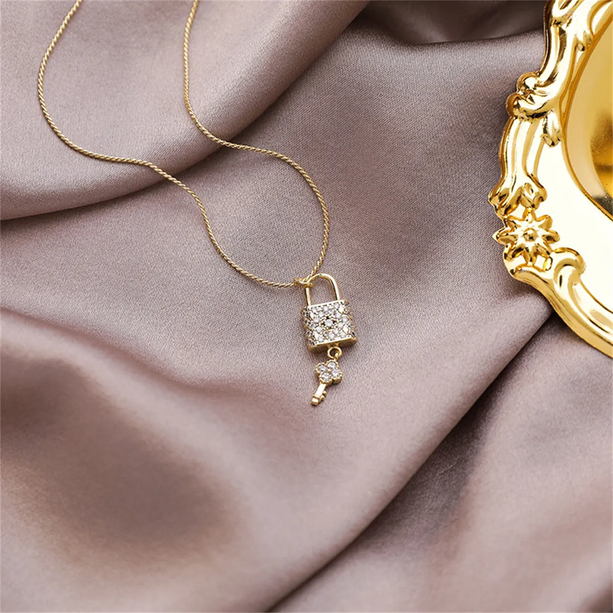 Cubic Zirconia & 18K Gold-Plated Lock & Key Pendant Necklace