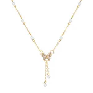 Cubic Zirconia & Pearl 18K Gold-Plated Butterfly Station Pendant Necklace