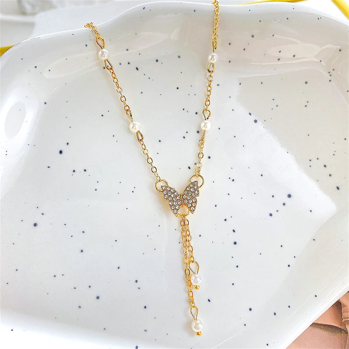 Cubic Zirconia & Pearl 18K Gold-Plated Butterfly Station Pendant Necklace