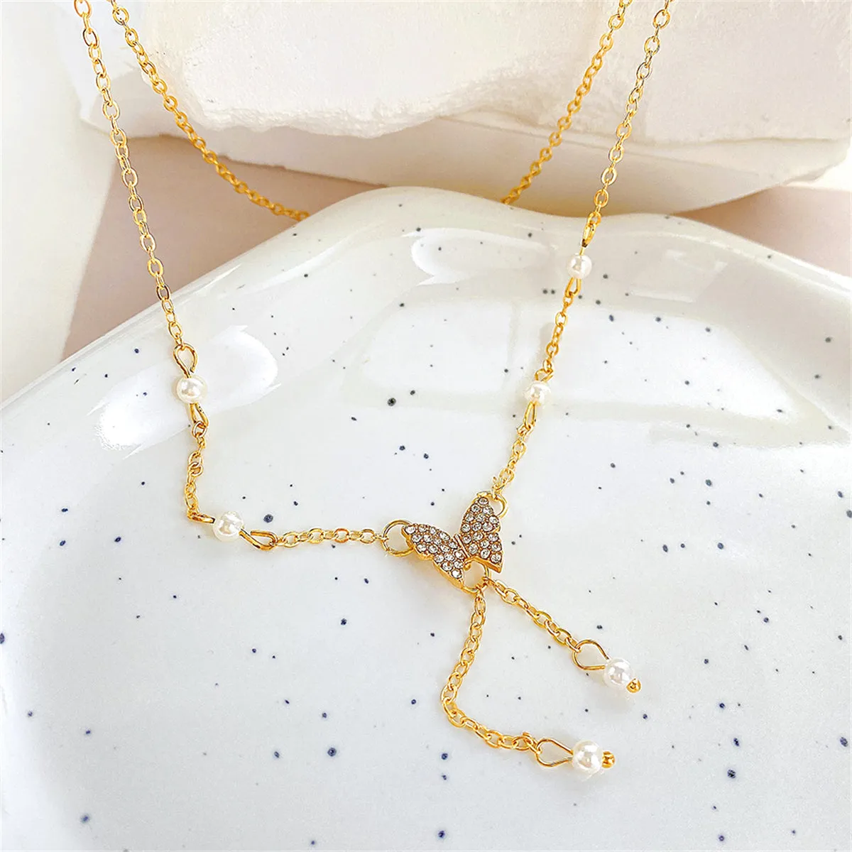 Cubic Zirconia & Pearl 18K Gold-Plated Butterfly Station Pendant Necklace