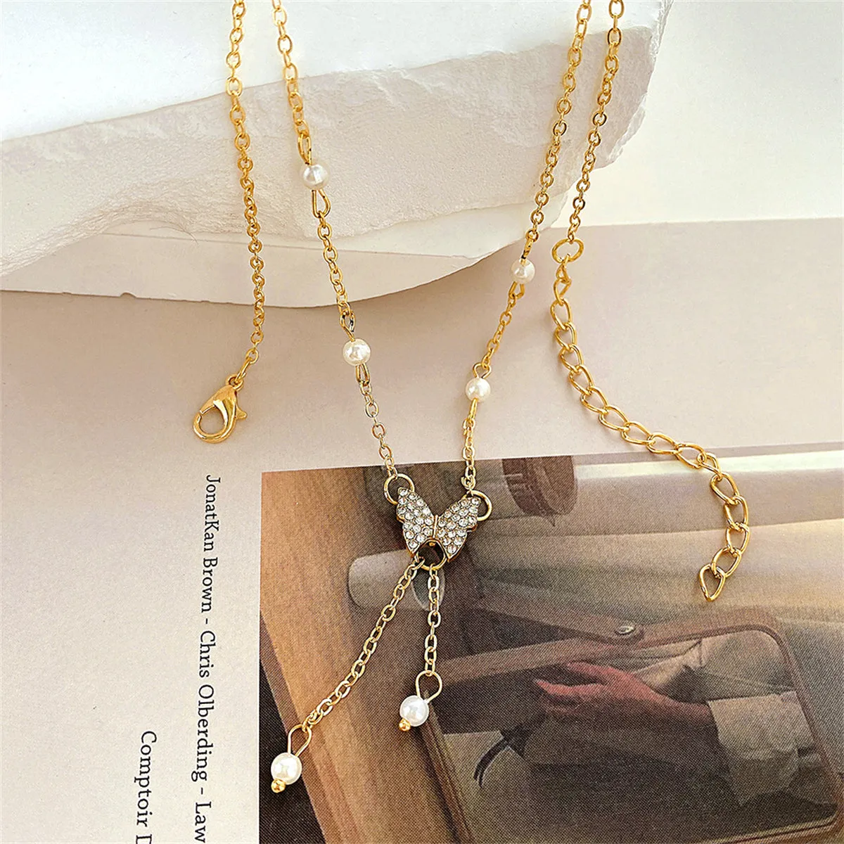 Cubic Zirconia & Pearl 18K Gold-Plated Butterfly Station Pendant Necklace