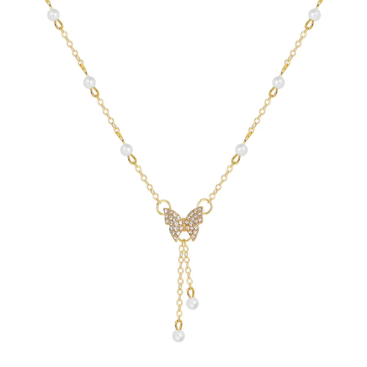 Cubic Zirconia & Pearl 18K Gold-Plated Butterfly Station Pendant Necklace
