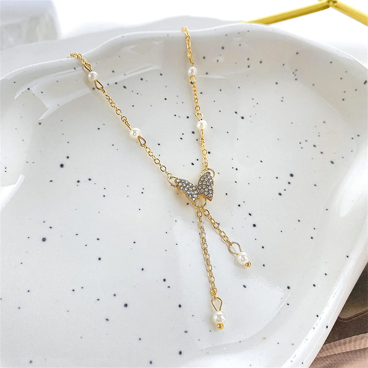 Cubic Zirconia & Pearl 18K Gold-Plated Butterfly Station Pendant Necklace