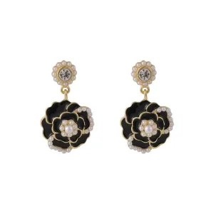 Cubic Zirconia & Pearl Black Enamel 18K Gold-Plated Tiered Camellia Drop Earrings