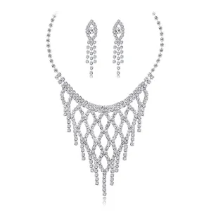 Cubic Zirconia & Silver-Plated Eye Drop Earrings & Bib Necklace