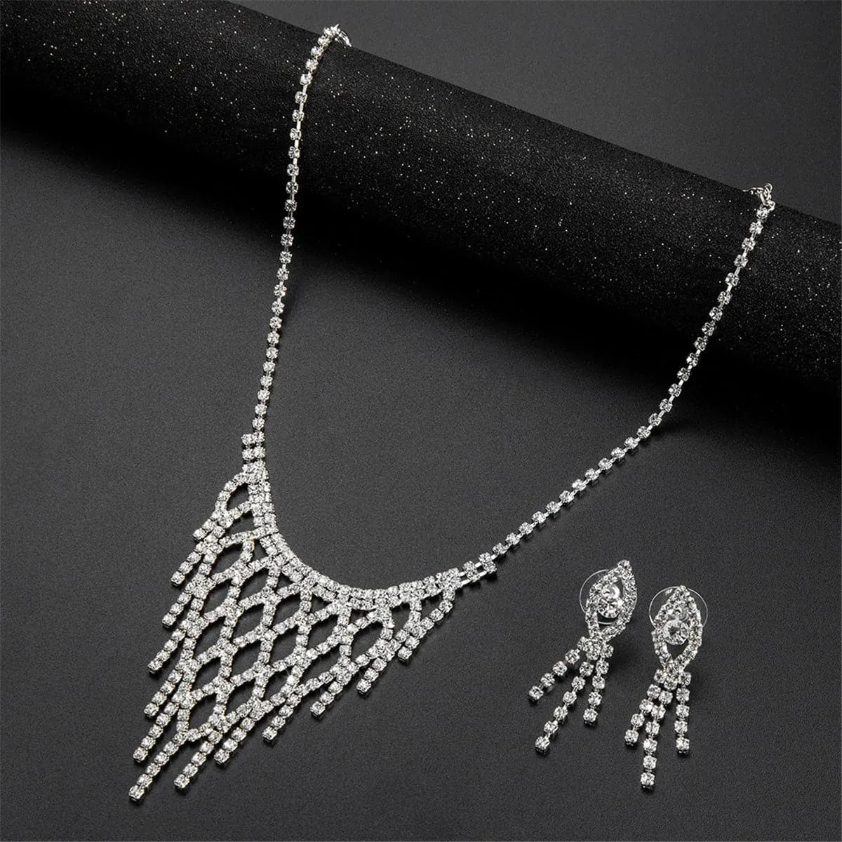 Cubic Zirconia & Silver-Plated Eye Drop Earrings & Bib Necklace