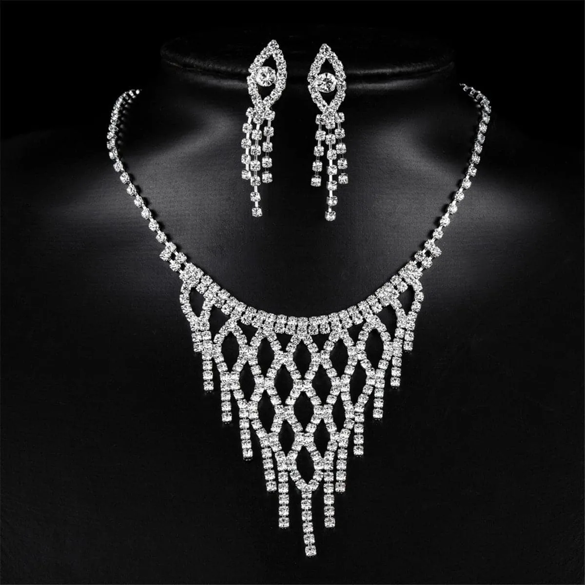 Cubic Zirconia & Silver-Plated Eye Drop Earrings & Bib Necklace