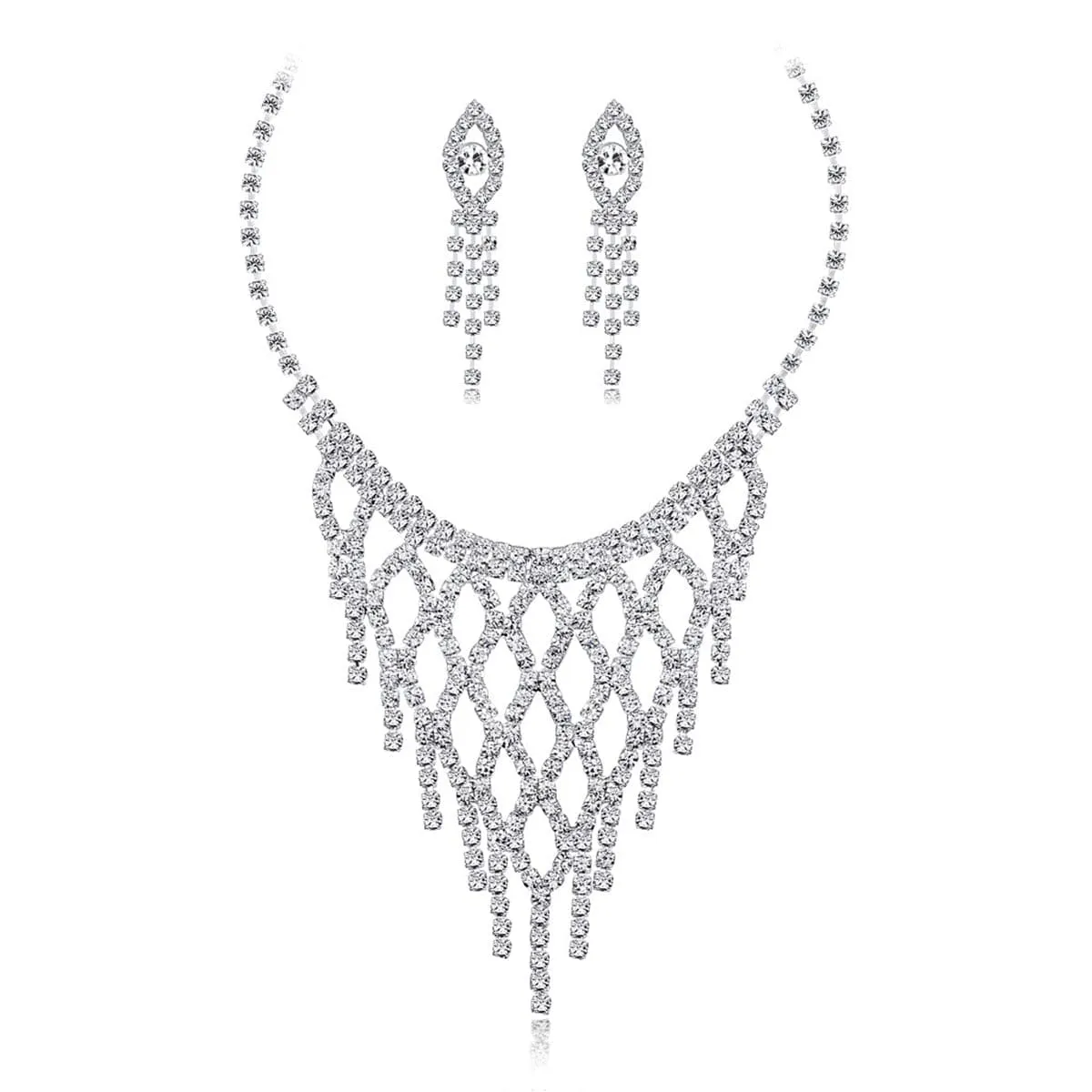 Cubic Zirconia & Silver-Plated Eye Drop Earrings & Bib Necklace