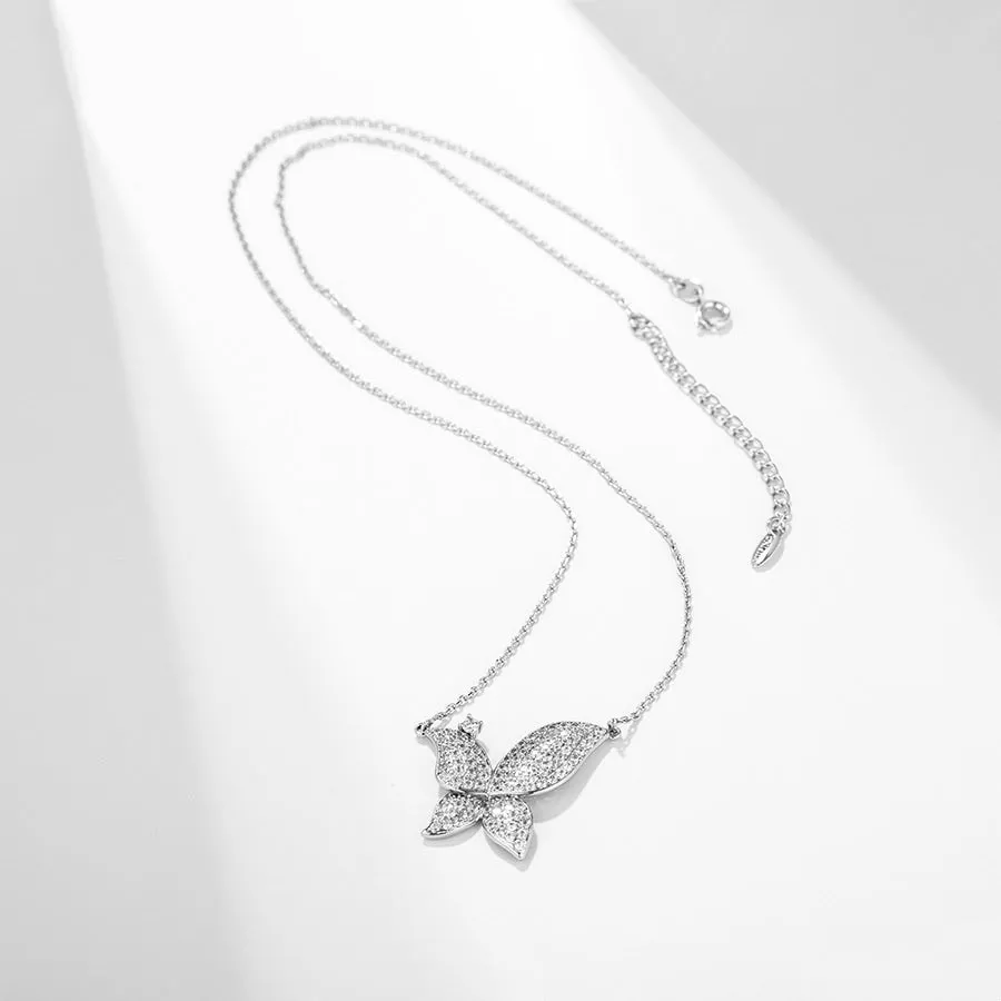 Cubic Zirconia Diamond Butterfly Rhodium Plated Necklace