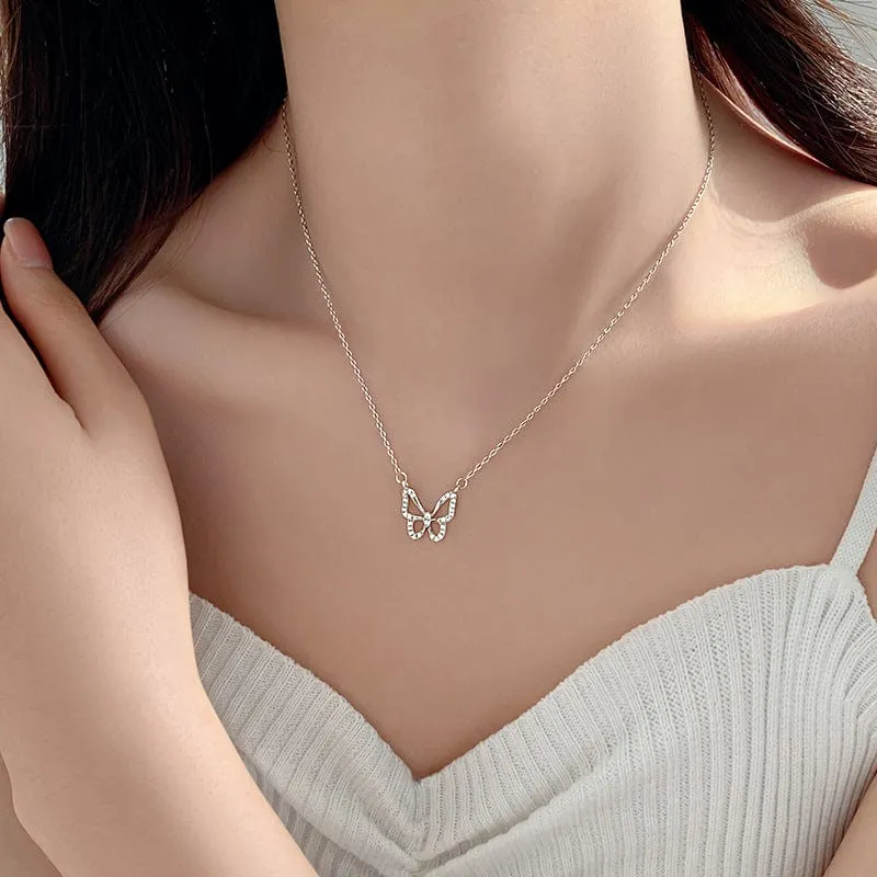 Dainty CZ Inlaid Hollowed-out Butterfly Necklace