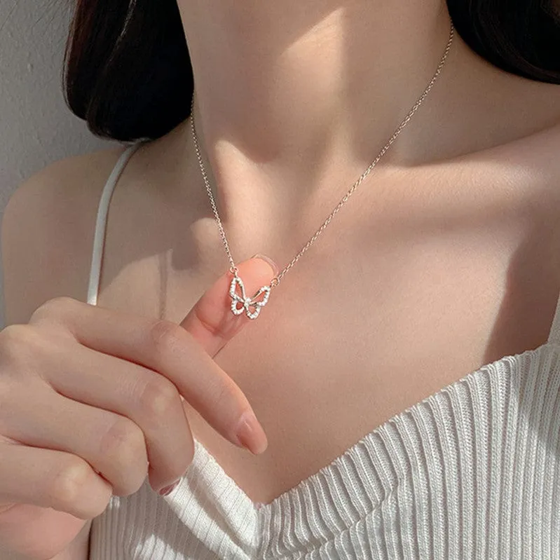 Dainty CZ Inlaid Hollowed-out Butterfly Necklace