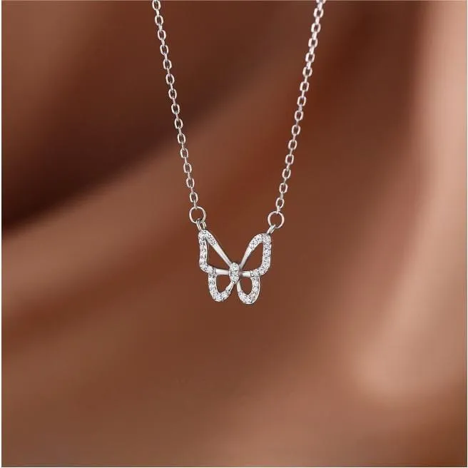 Dainty CZ Inlaid Hollowed-out Butterfly Necklace