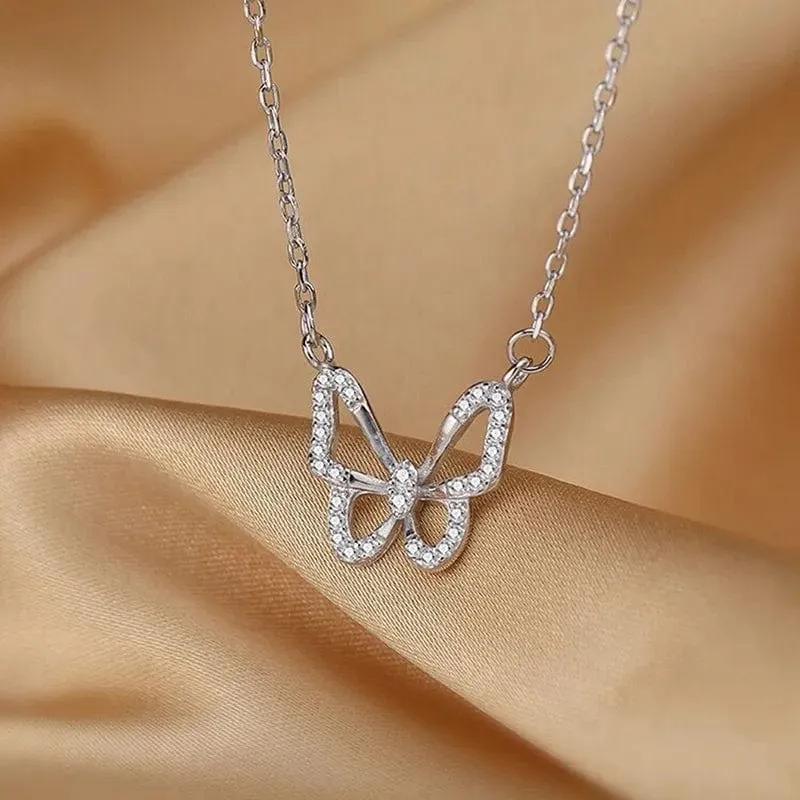 Dainty CZ Inlaid Hollowed-out Butterfly Necklace