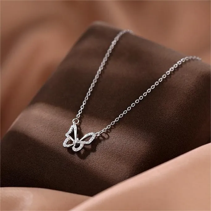 Dainty CZ Inlaid Hollowed-out Butterfly Necklace