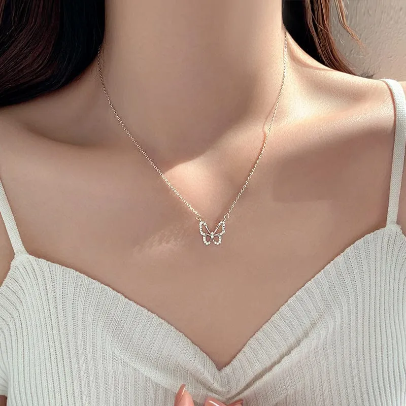 Dainty CZ Inlaid Hollowed-out Butterfly Necklace