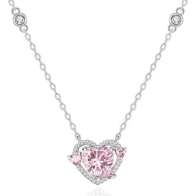Dainty CZ Inlaid Pink Crystal Heart Necklace