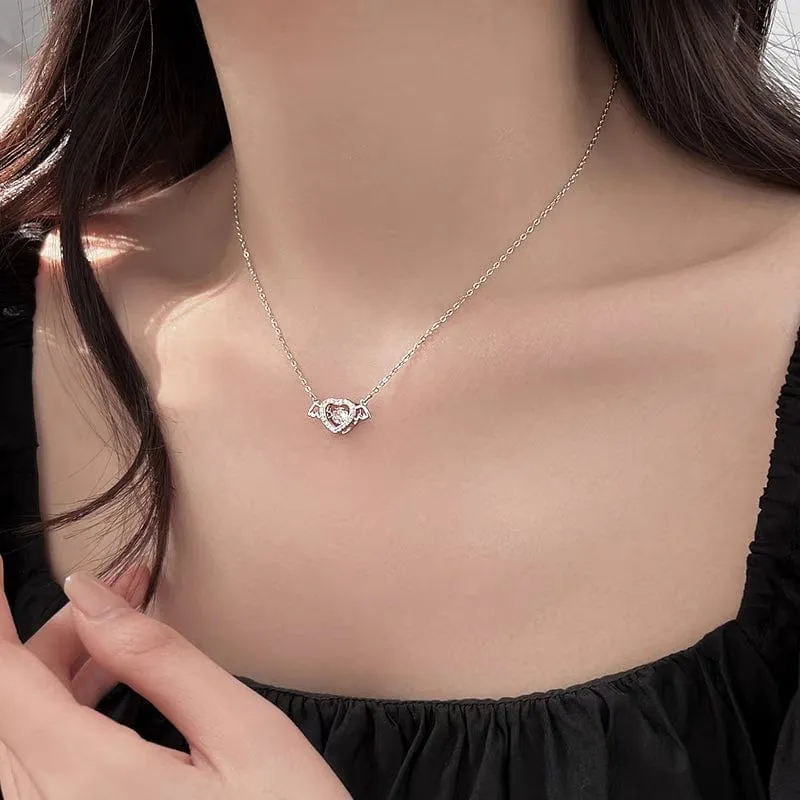 Dainty CZ Inlaid Rolling Crystal Angel Heart Wings Necklace