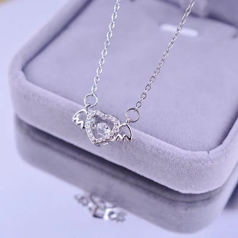 Dainty CZ Inlaid Rolling Crystal Angel Heart Wings Necklace