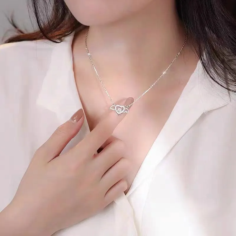 Dainty CZ Inlaid Rolling Crystal Angel Heart Wings Necklace