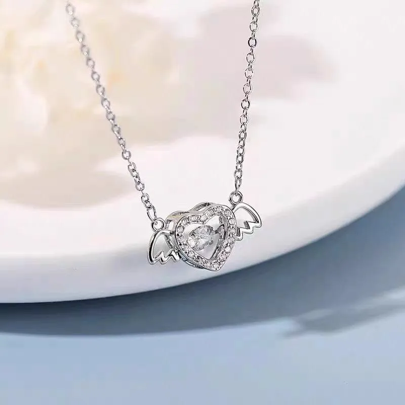 Dainty CZ Inlaid Rolling Crystal Angel Heart Wings Necklace