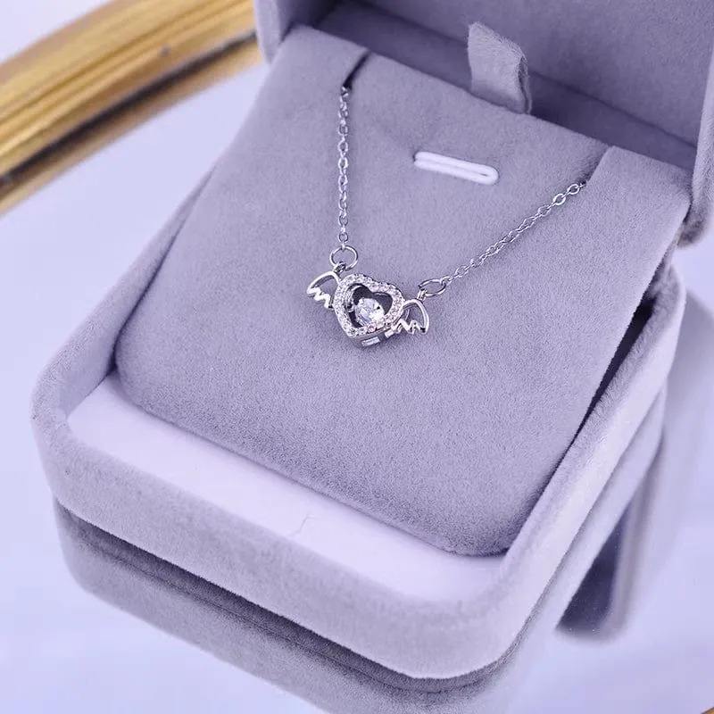 Dainty CZ Inlaid Rolling Crystal Angel Heart Wings Necklace