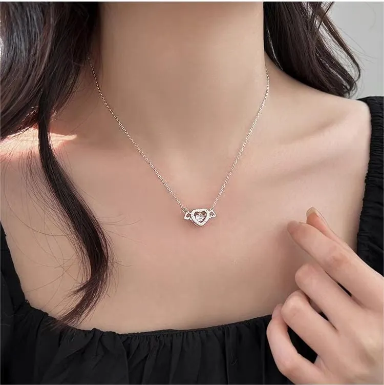 Dainty CZ Inlaid Rolling Crystal Angel Heart Wings Necklace