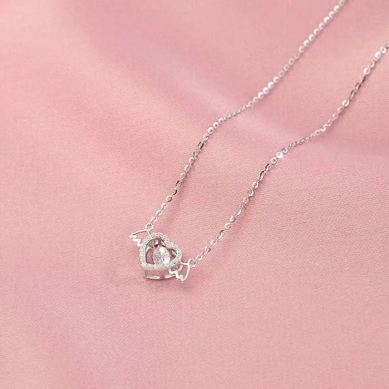 Dainty CZ Inlaid Rolling Crystal Angel Heart Wings Necklace