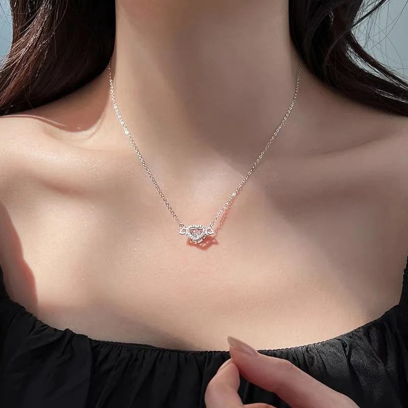 Dainty CZ Inlaid Rolling Crystal Angel Heart Wings Necklace