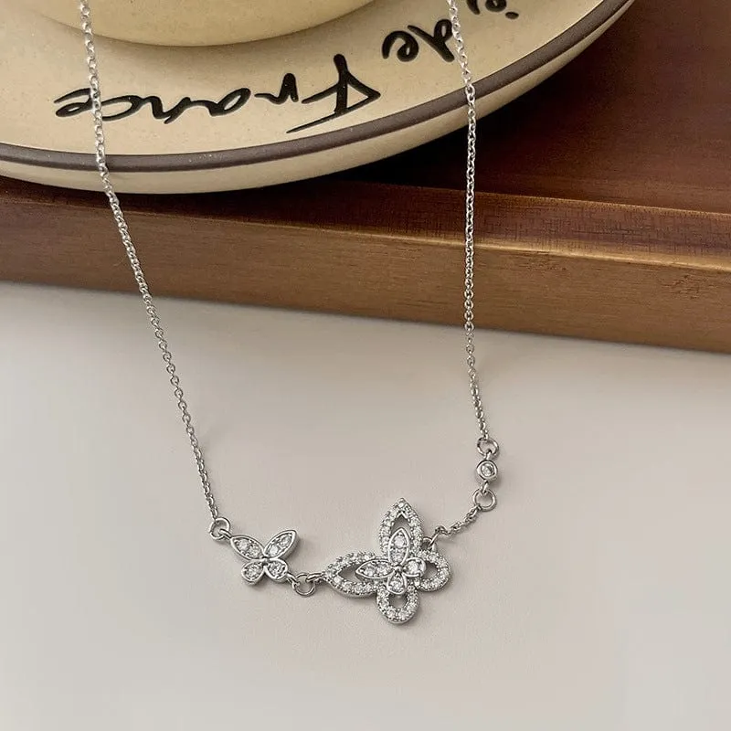 Dainty CZ Inlaid S925 Sterling Silver Duo Butterfly Necklace
