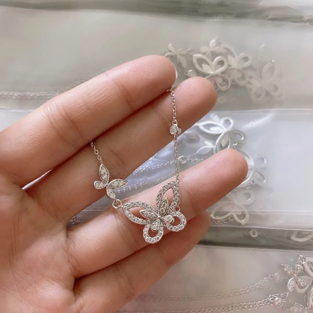Dainty CZ Inlaid S925 Sterling Silver Duo Butterfly Necklace
