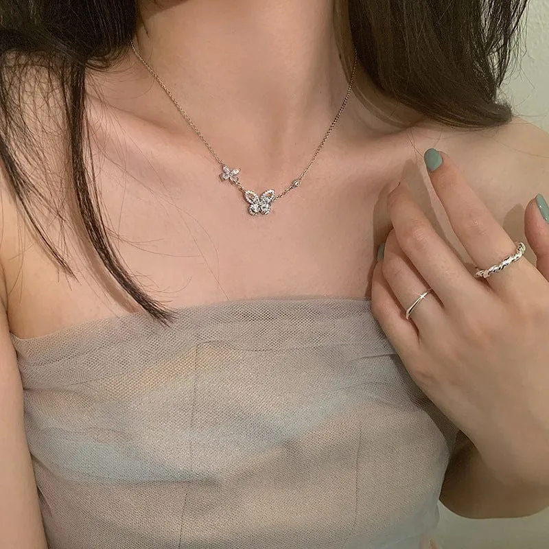 Dainty CZ Inlaid S925 Sterling Silver Duo Butterfly Necklace